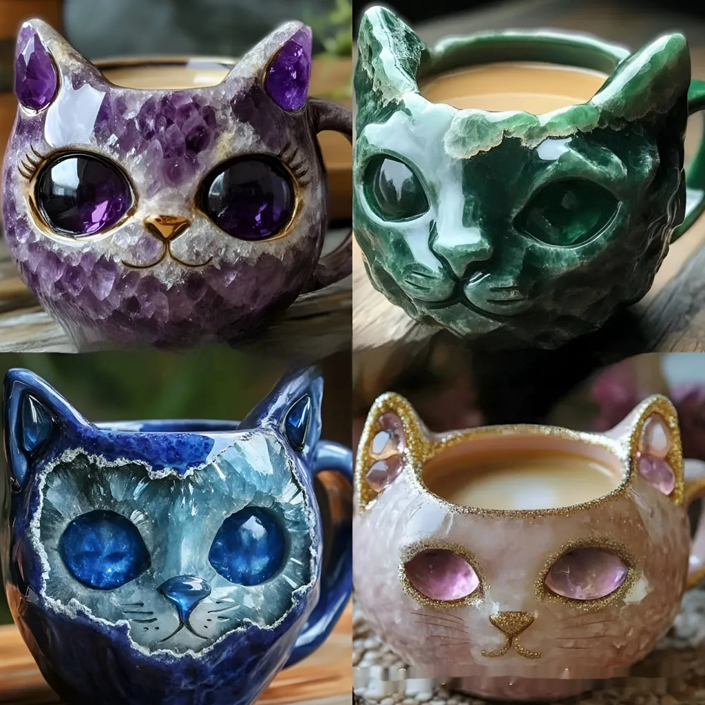 Synthetic resin geode mug with crystal pattern inside and cat design outside, shown in purple colour.