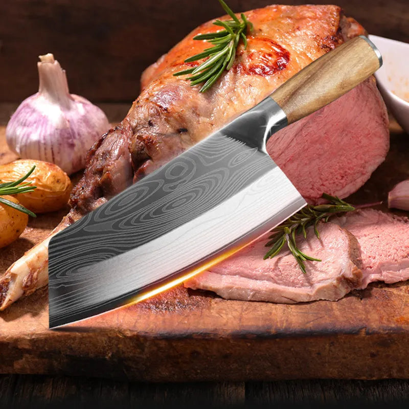 320mm stainless steel chef knife with forged 40cr13 steel blade on a kitchen counter