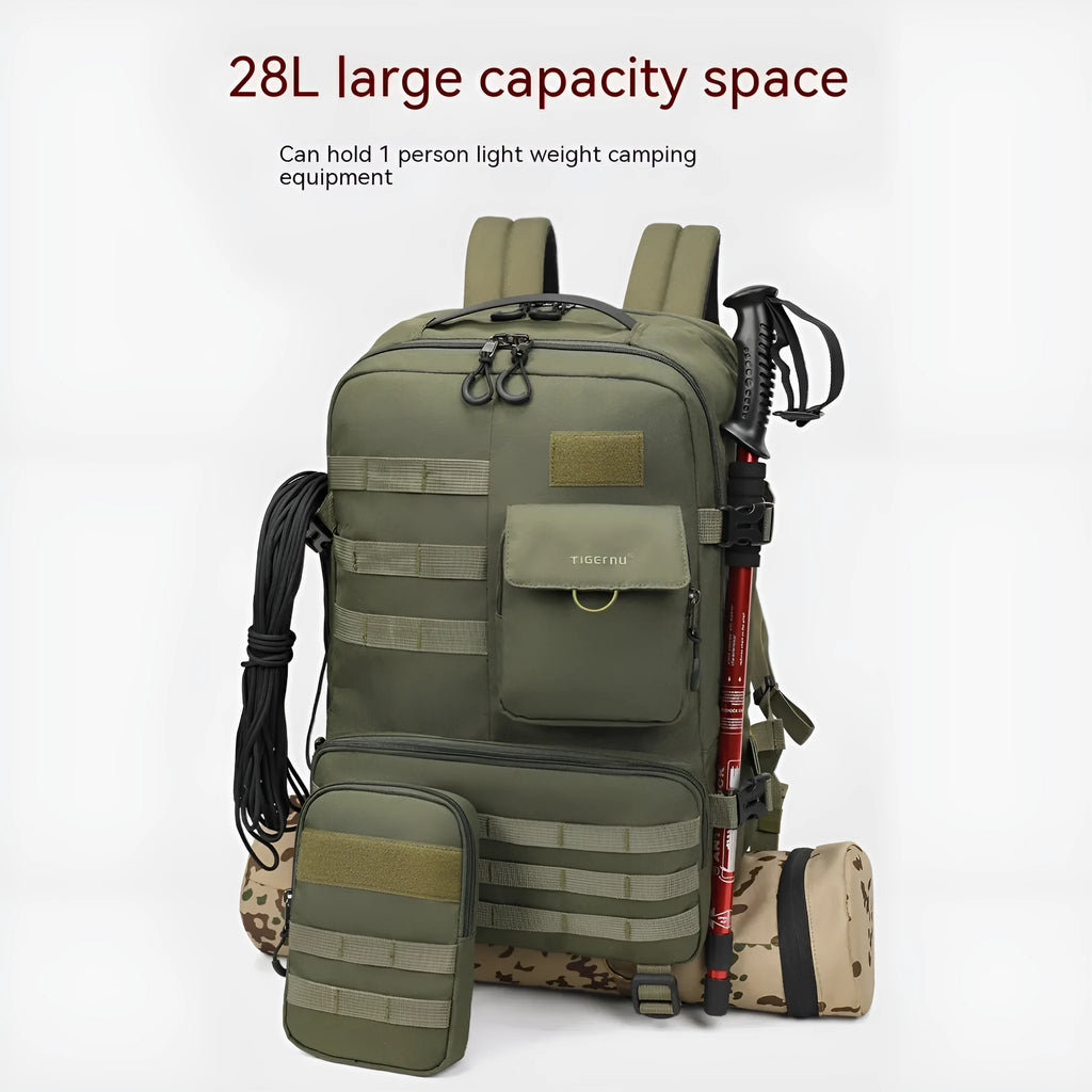 Army Green tactical nylon backpack with 17-inch laptop compartment and 20-35L capacity.