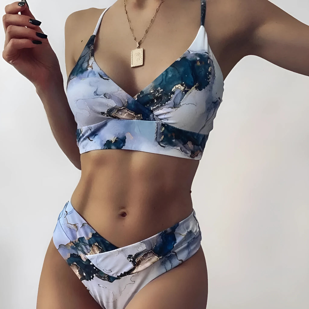 Women's marble tie-dye high waist bikini with U-neck top and separated swimwear design