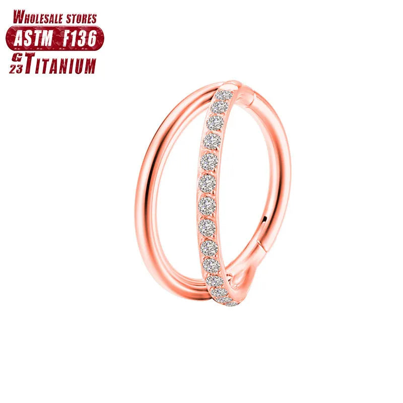 Titanium alloy L-shaped fork nose ring in silver, gold, black, rose gold and colourful finishes on a white background.