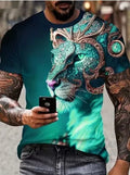 Men's grey t-shirt featuring a large, detailed 3D lion face print on the front.