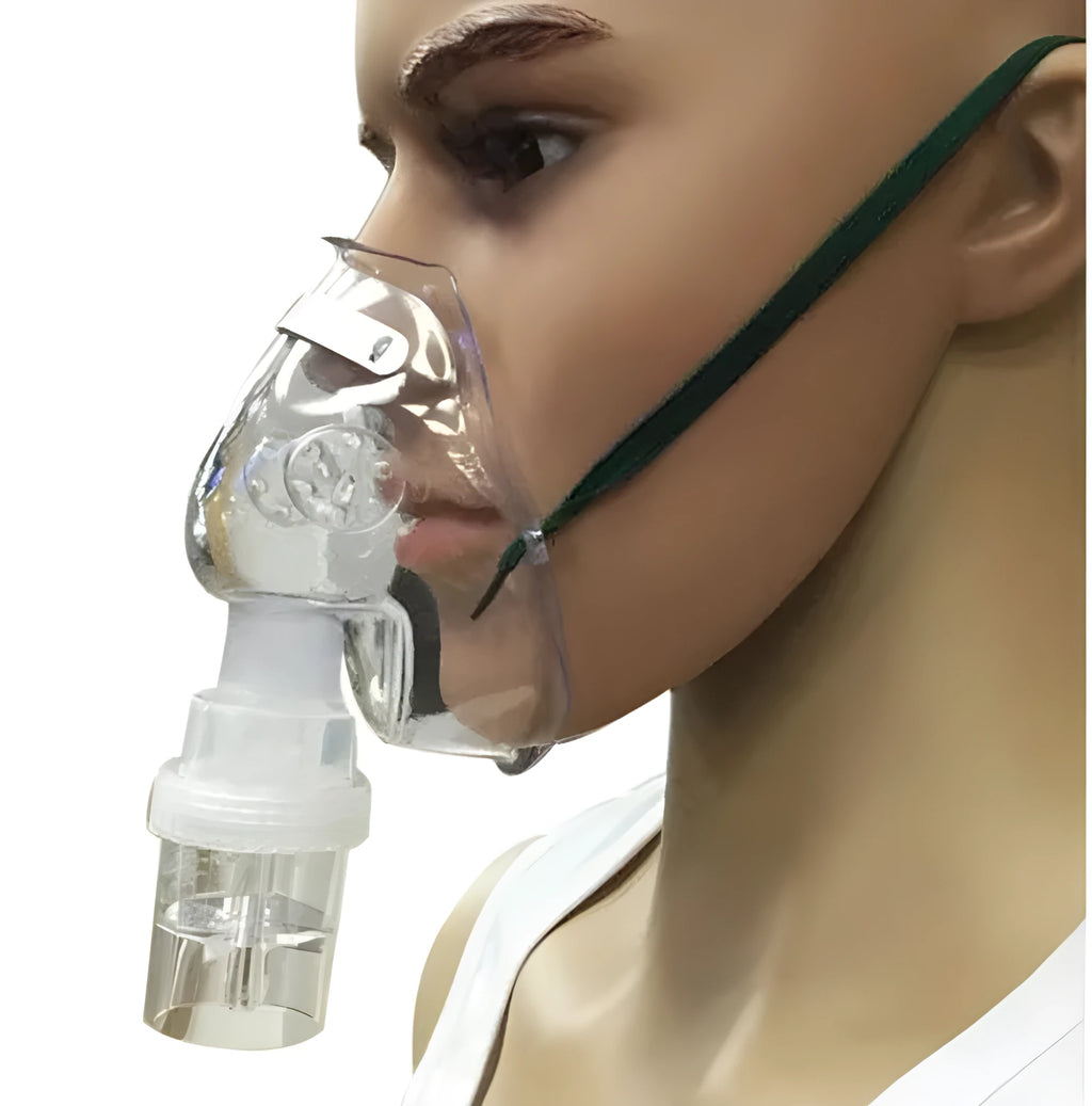 Soft rubber mask strap adjuster clip shown securing a blue face mask.