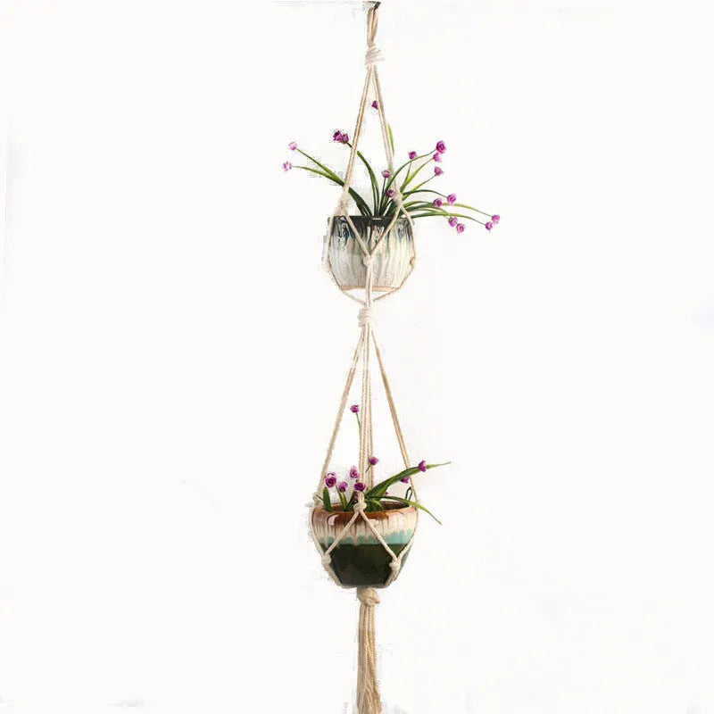 Cotton rope woven wire plant basket shown in desktop, wall hanging, and hanging basin styles.