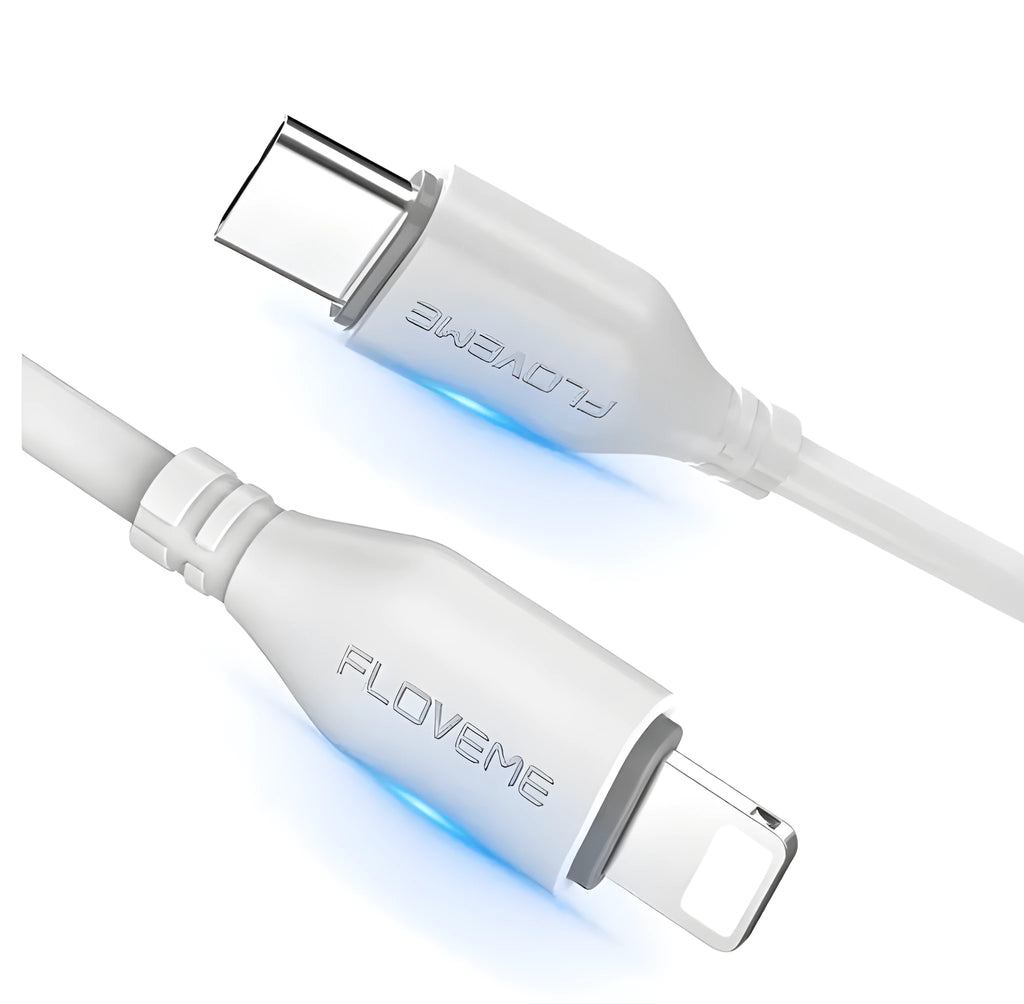 White braided USB-C to Lightning cable with aluminium connectors, 1 metre long