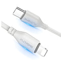 White braided USB-C to Lightning cable with aluminium connectors, 1 metre long
