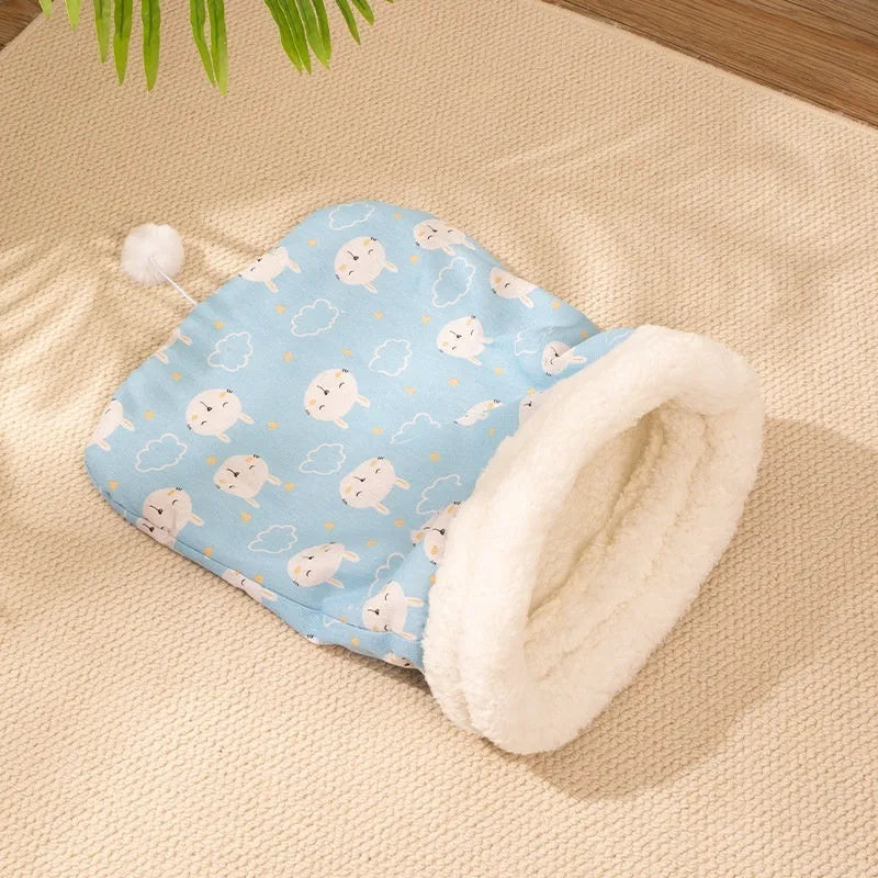 Flannel cat sleeping bag nest pet bed in pink or blue, 50 cm by 40 cm.