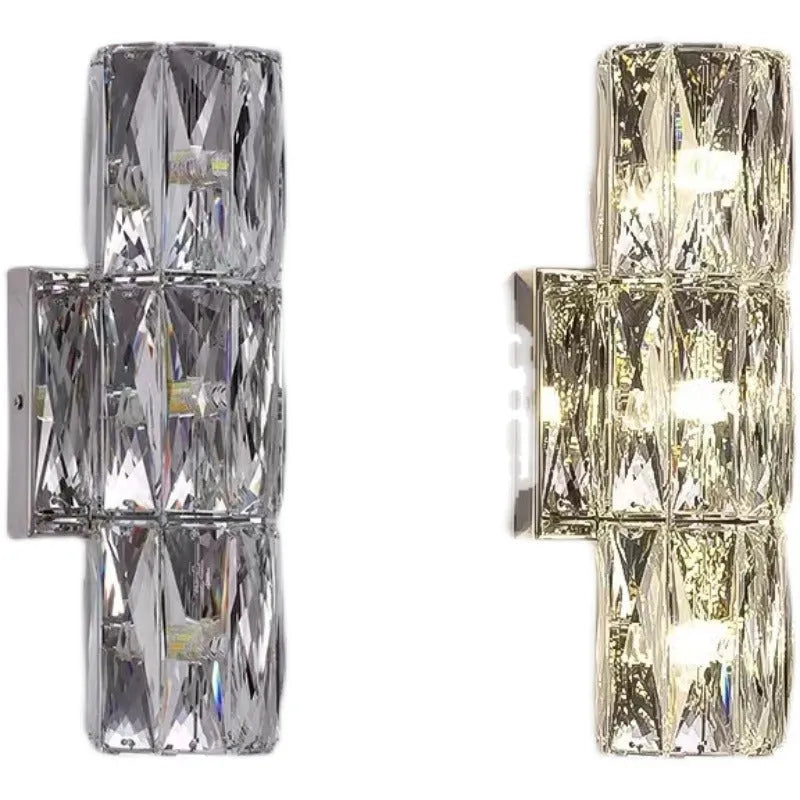 Crystal LED wall lamp with stainless steel frame in chrome finish showing tri-colour lighting
