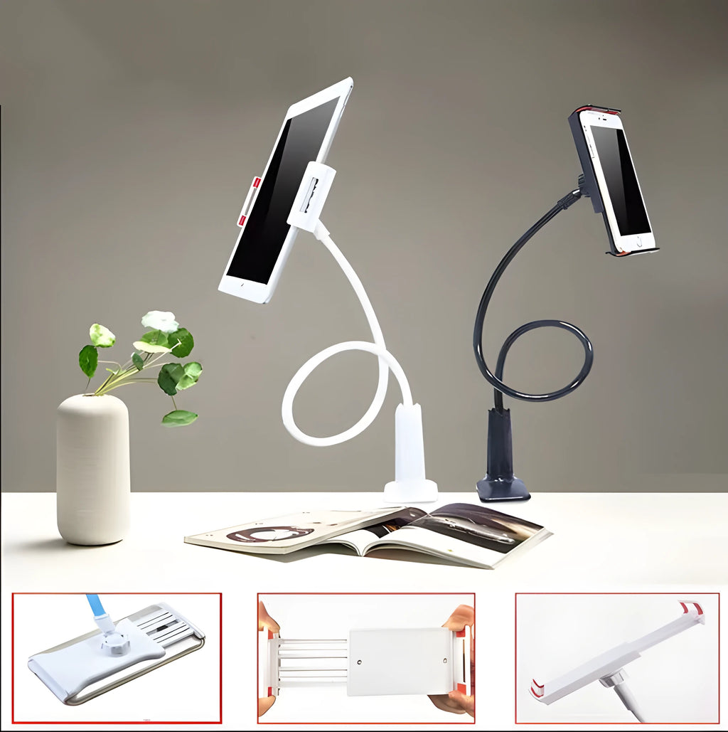 Black bedside oversize flat panel phone holder with a long arm mounted on a table.