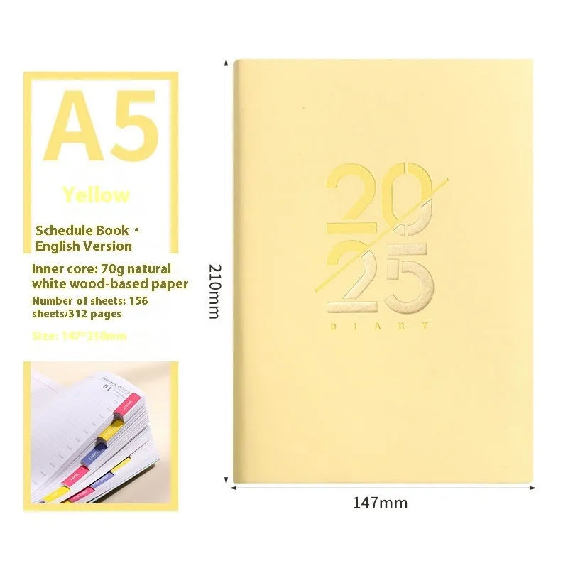 A5 daily planner with soft faux leather cover open to show dot grid pages