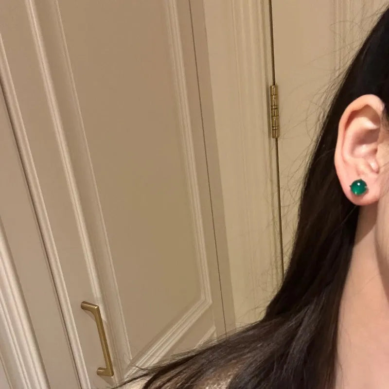 Chinese retro style chalcedony stud earrings with round egg surface design in three colours