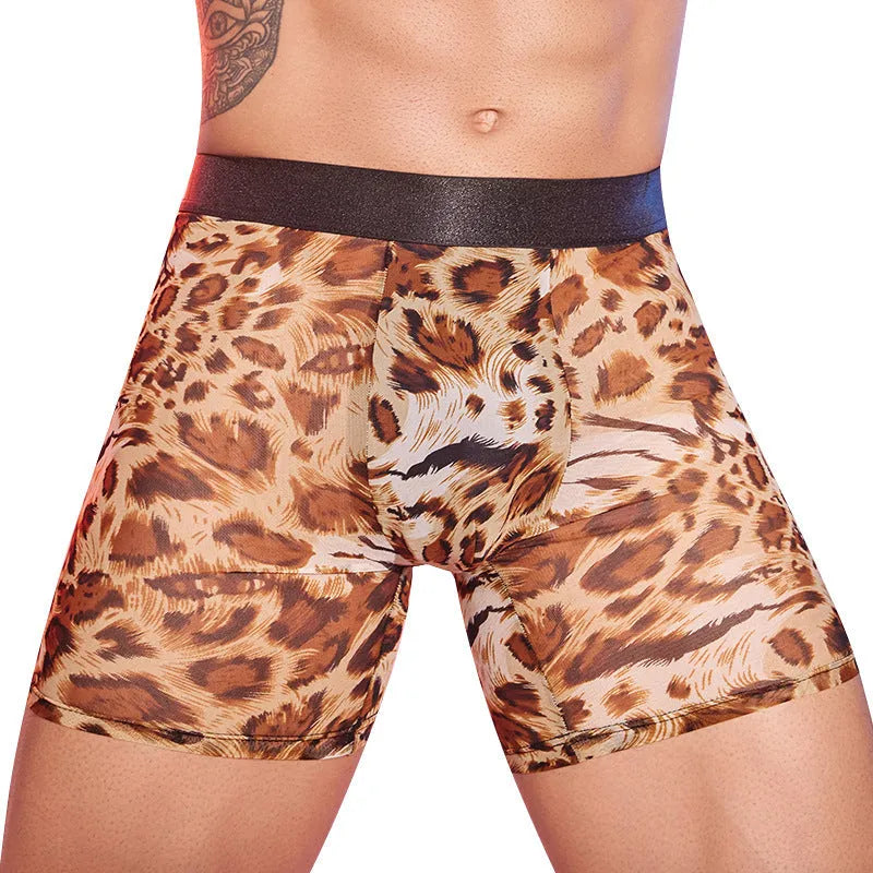 Men's leopard print boxer shorts in free size, made from nylon fabric.