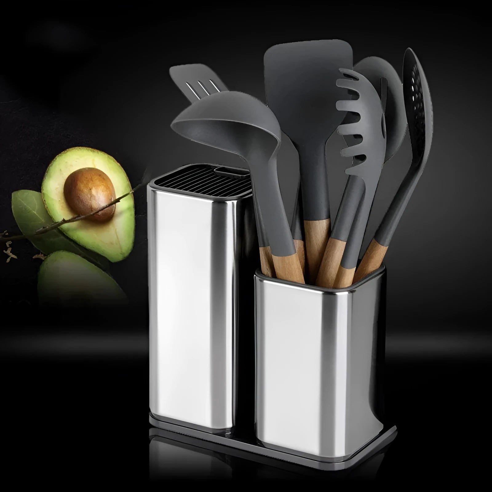Stainless steel kitchen tool holder with detachable bottom in black and white colour options