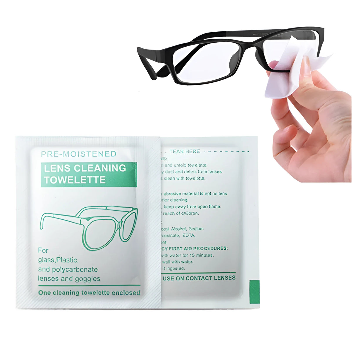 100 individually wrapped white quick-drying lens wipes for glasses, goggles and screens, anti-fog and anti-static
