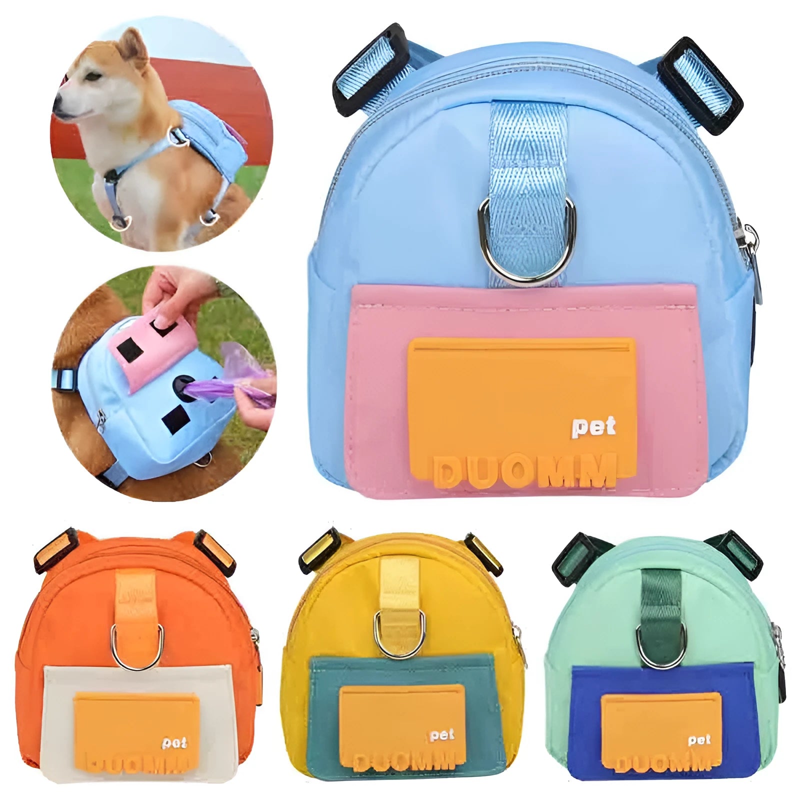 Adjustable dog backpack harness with storage pockets in blue colour featuring breathable mesh panels
