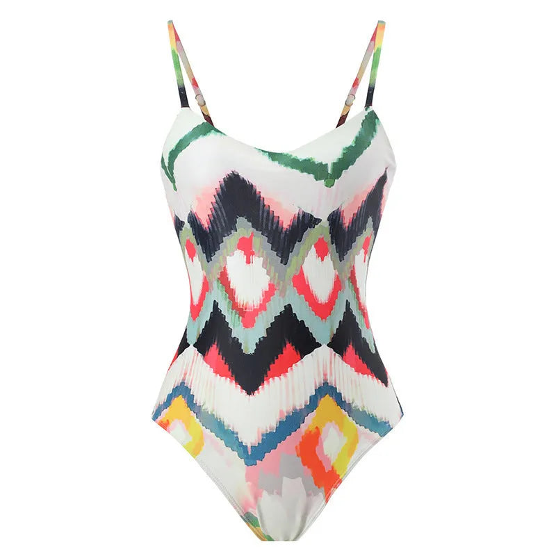 Women's two-piece swimsuit set with striped pattern and matching hip skirt