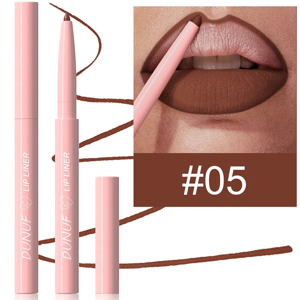 A Velvet Matte Lip Liner pencil shown alongside swatches of its twelve available colour shades.