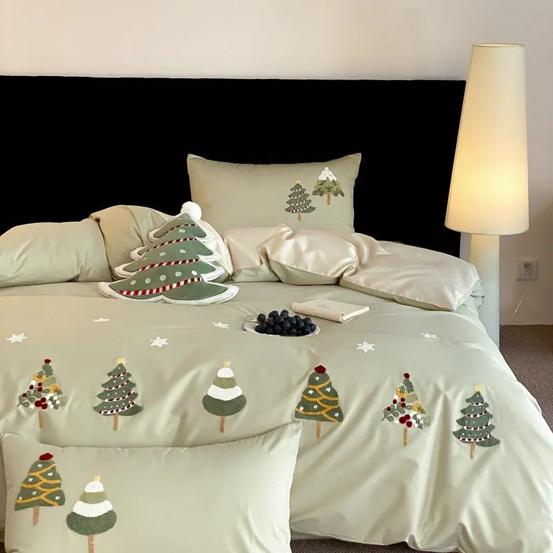Christmas tree towel embroidery on pure cotton bedding set with botanical patterns