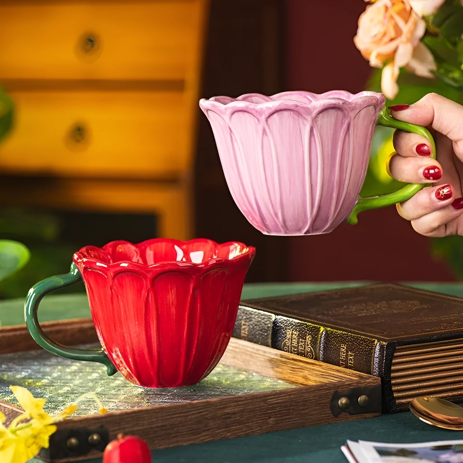 Ceramic breakfast mug with floral pattern showing 500ml capacity in red colour option