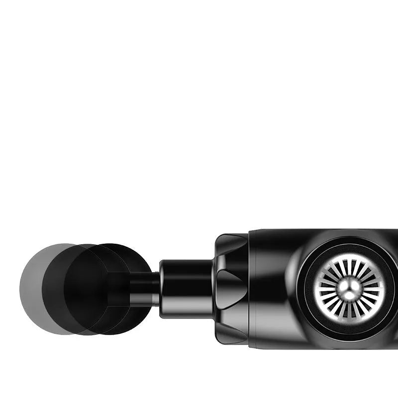 Black and white massage gun with adjustable speed control for muscle percussion therapy