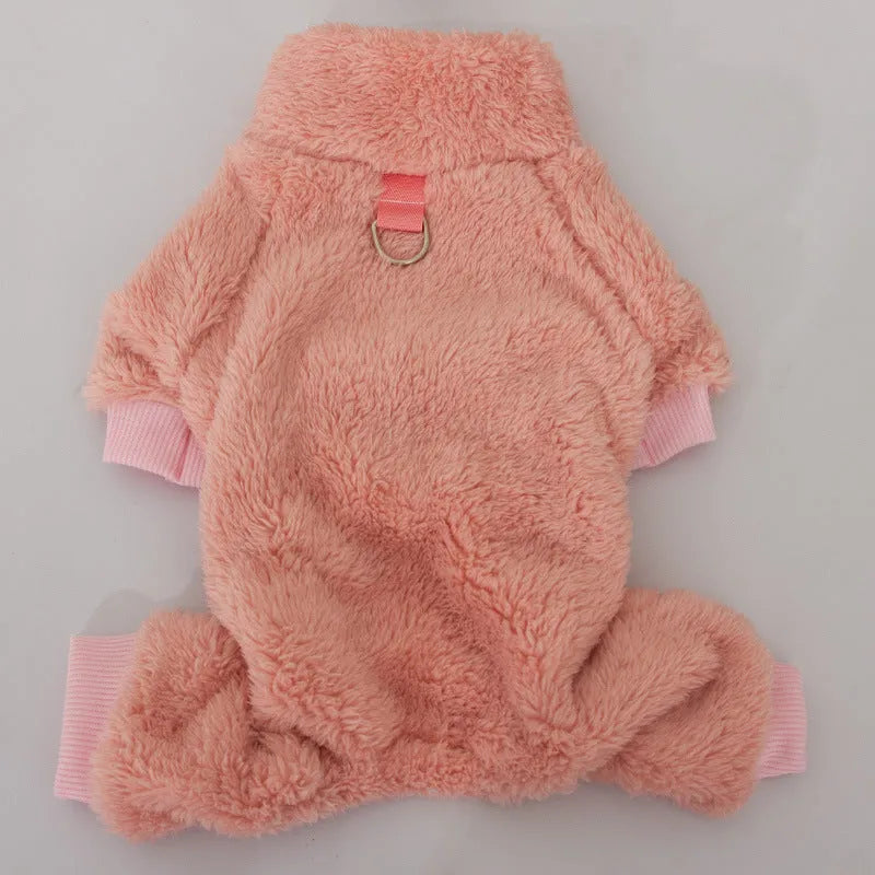 Double-sided plush dog clothing with high collar and four-legged design in blue colour