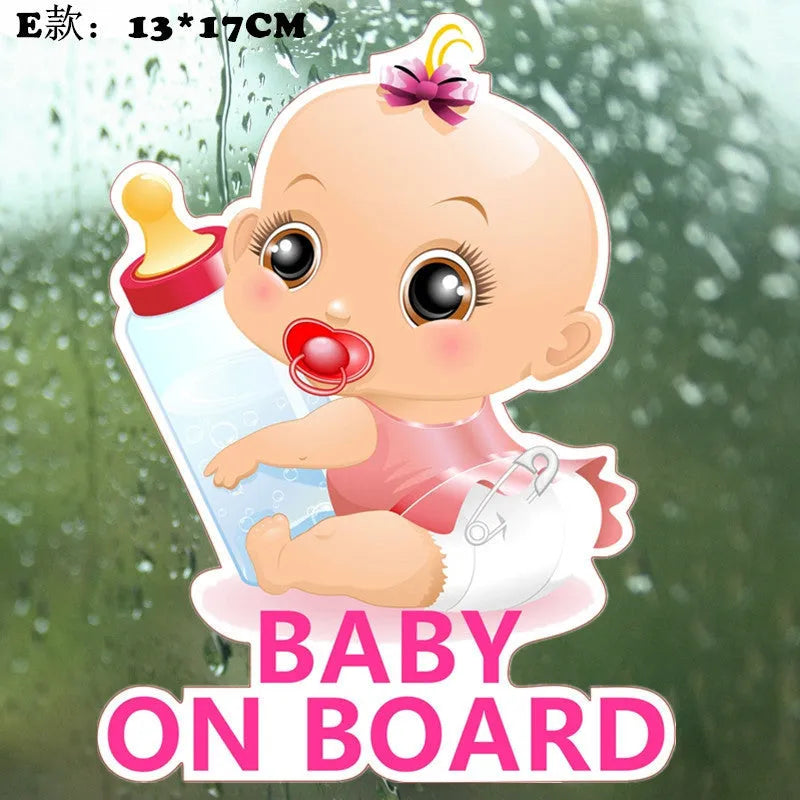 Baby On Board reflective car sticker showing baby character designs with feeding bottle, measuring specific centimetre dimensions