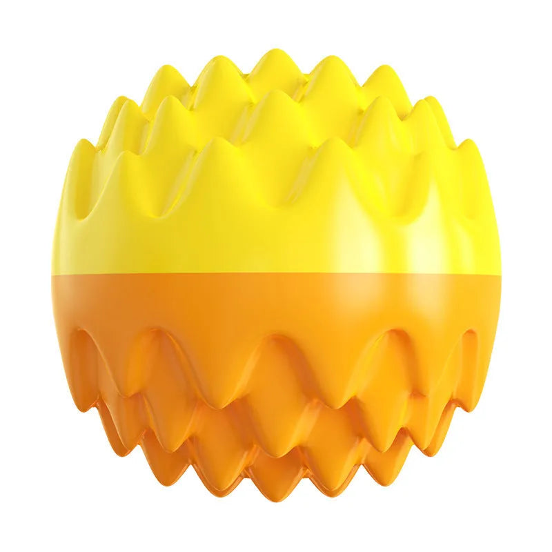 Blue squeaky dog ball toy with spiky texture for dental cleaning and water fetch
