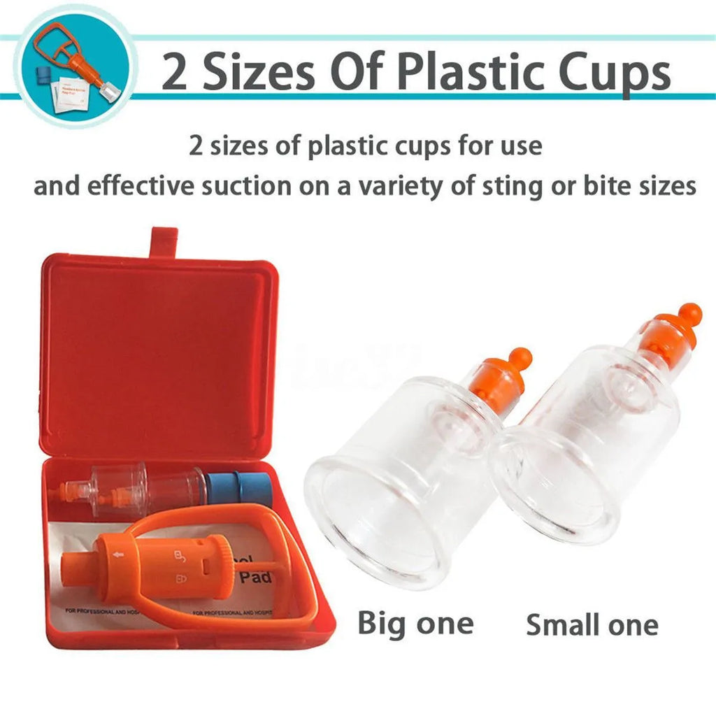 Orange portable first aid kit open, showing a venom suction pump, two suction cups, a tourniquet, and antiseptic swabs.