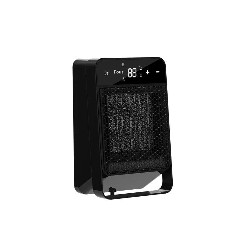 Black desktop electric heater with touch screen digital display and remote control on office desk
