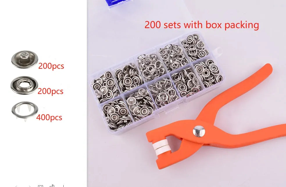 Stainless steel five claw no-sew suit buttons with pliers tool for children's clothing.