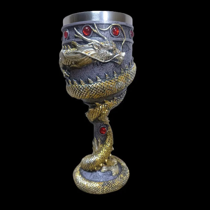 金色3D龙纹不锈钢红酒杯，容量200ml，复古风格设计