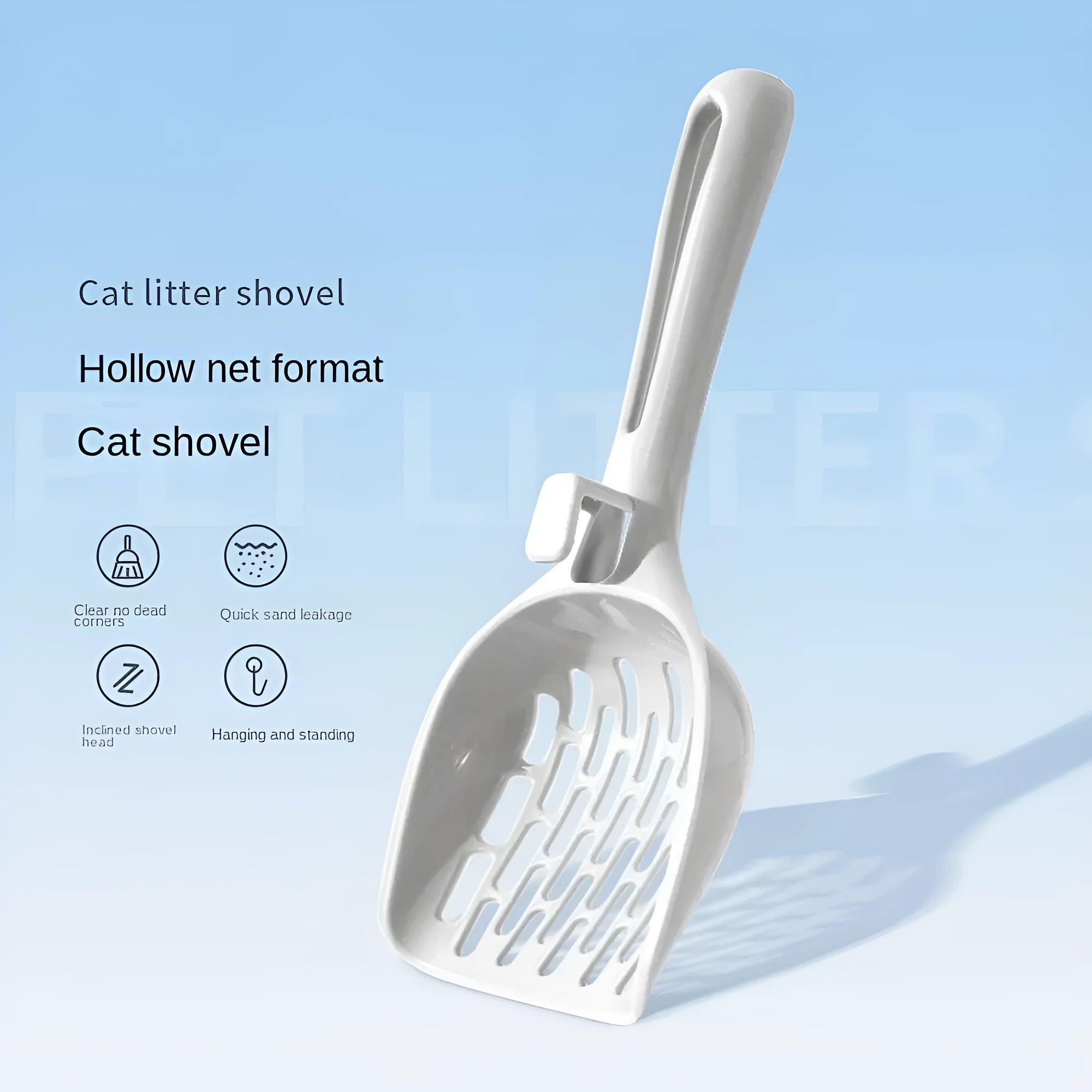 Grey plastic cat litter scoop with a built-in waste-catching base on a white background.