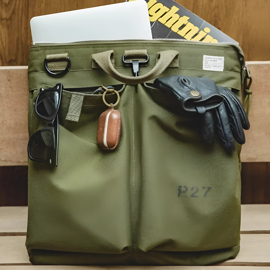 Retro canvas crossbody bag with helmet storage compartment and hard handle