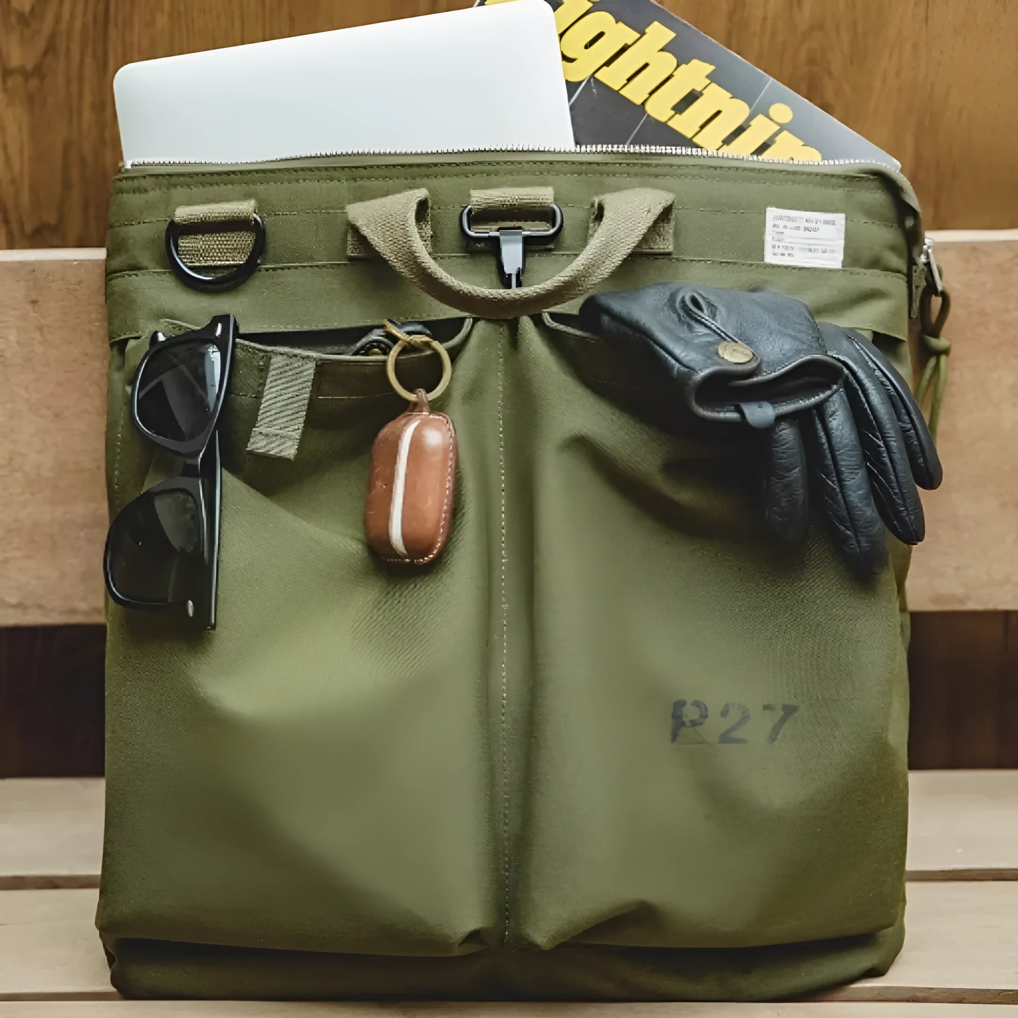 Retro canvas crossbody bag with helmet storage compartment and hard handle