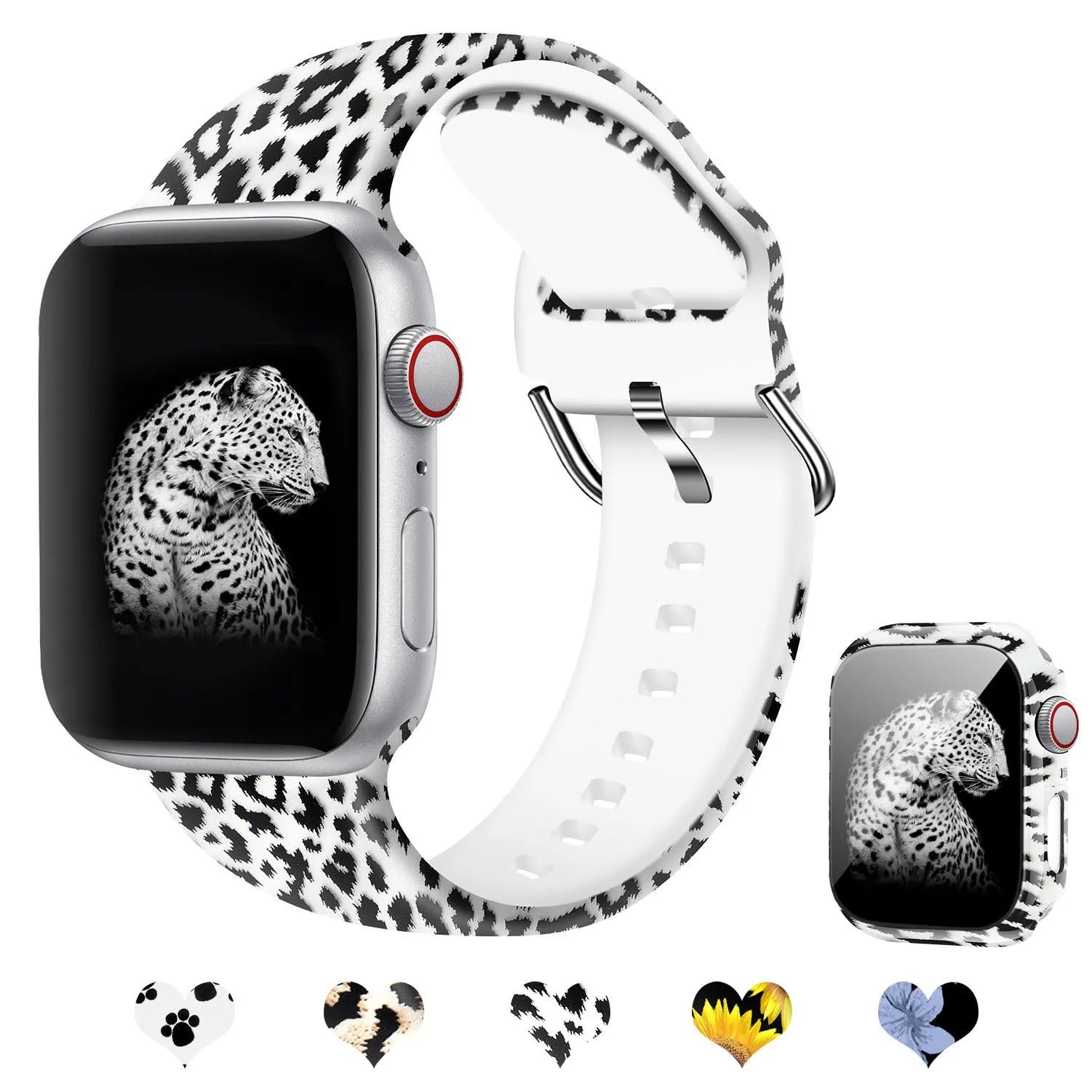 Printed fashion silicone replacement strap for Apple Watch showing multiple design options and 38mm 40mm 42mm 44mm size compatibility.