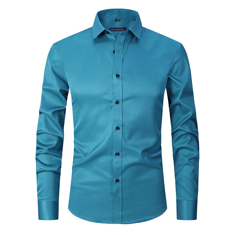 Men's stretch long sleeve work shirt in polyester fabric on a hanger