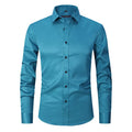 Men's stretch long sleeve work shirt in polyester fabric on a hanger