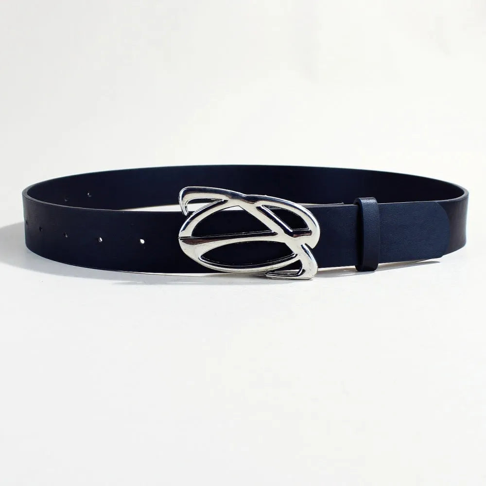 Men's silver buckle casual belt made from black PU leather with snap button closure.