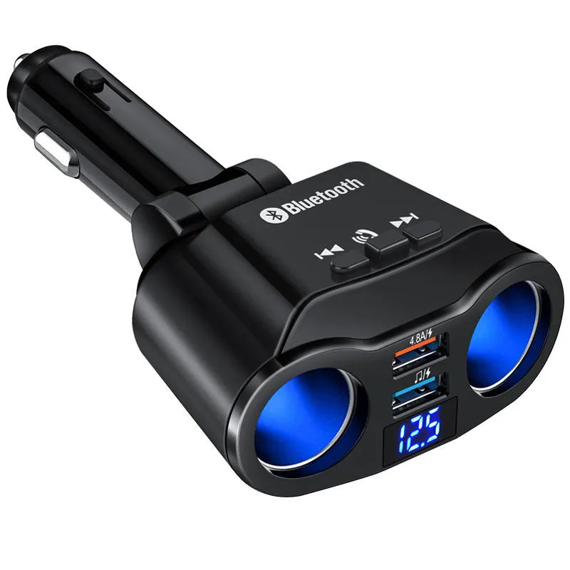 Black car Bluetooth FM transmitter MP3 player with USB ports plugged into cigarette lighter socket