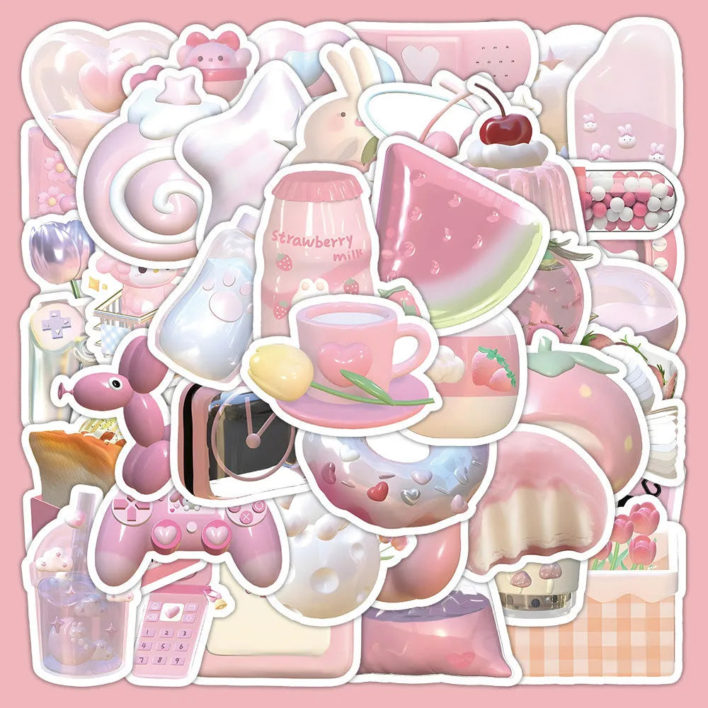 Pink 3D girl heart decorative stickers set of 63 pieces for craft projects