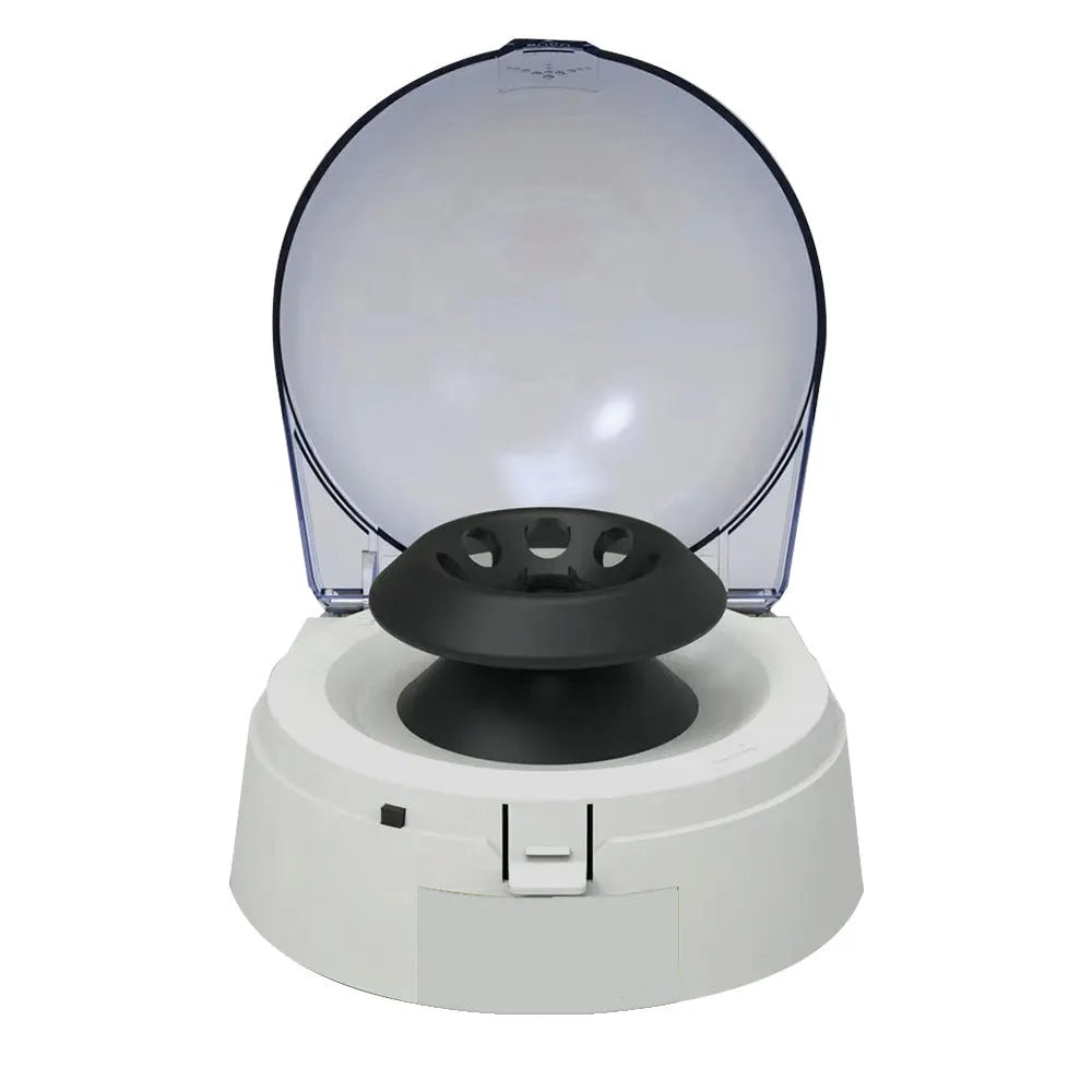 Small white mini centrifuge laboratory body with 7000 RPM specification and compact dimensions on a lab bench