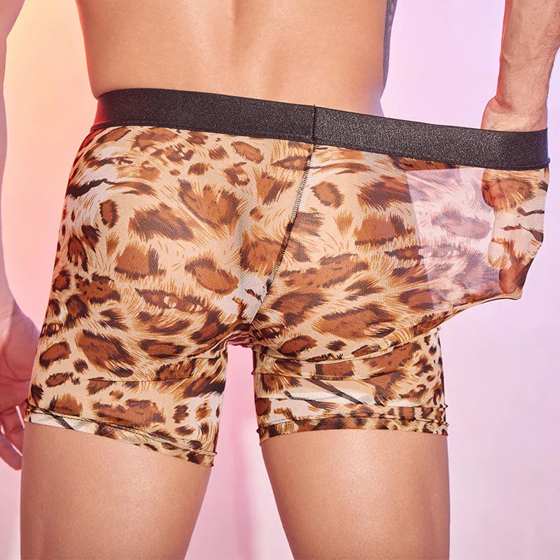Men's leopard print boxer shorts in free size, made from nylon fabric.