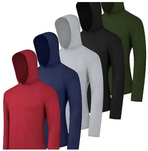 Four folded men's lightweight polyester hoodies from a multipack, shown in a solid colour.