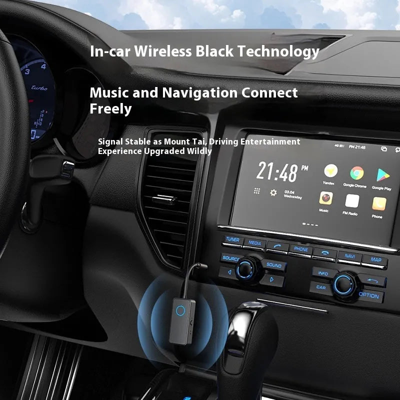 Black Bluetooth 5.4 audio adapter with 3.5mm plug for wireless streaming.