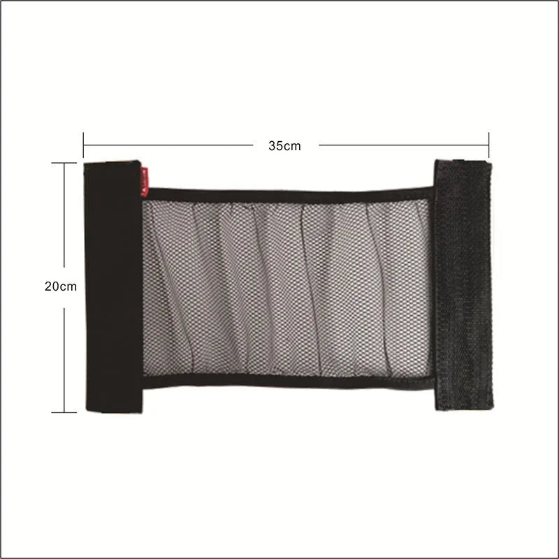 Black elastic polyester storage net stretched in a car boot, holding a water bottle and cloth.