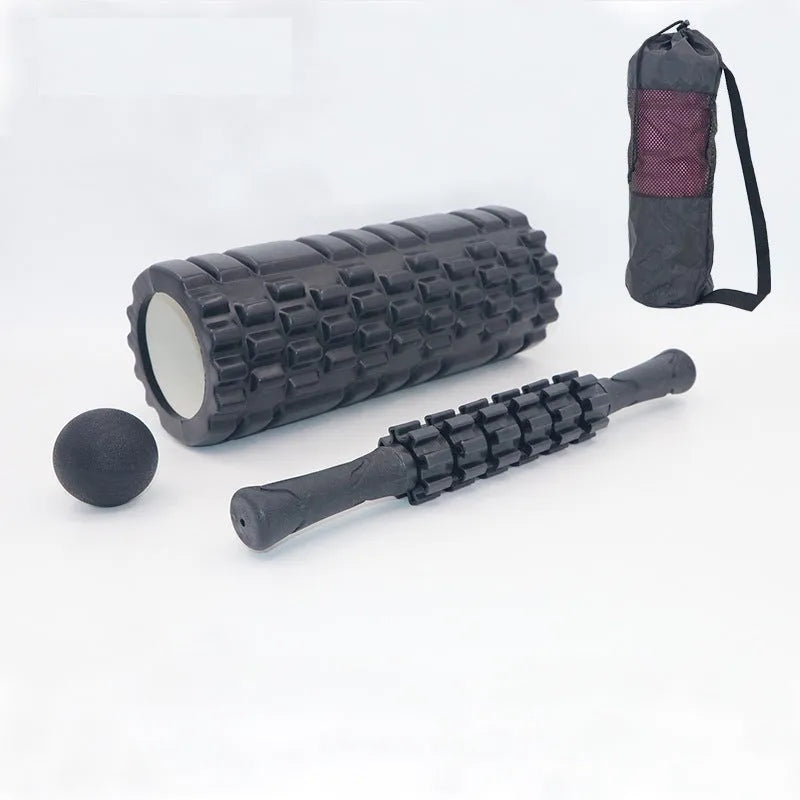Black fitness foam roller measuring 33cm length with six massage pieces for muscle therapy