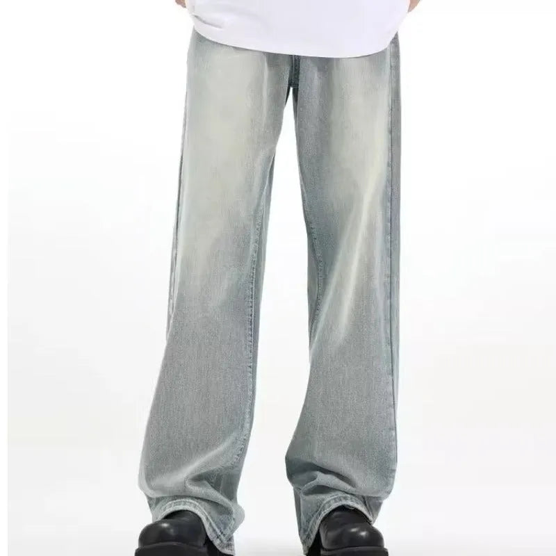 Blue loose-fit retro casual trousers made from rabbit fur fabric on a neutral background.