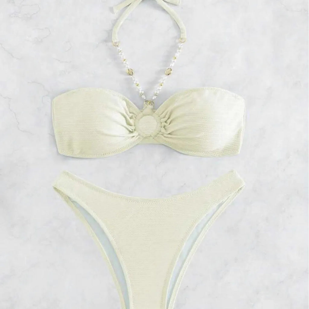 Women's halter beach bikini set in solid colour with brief style for swimming