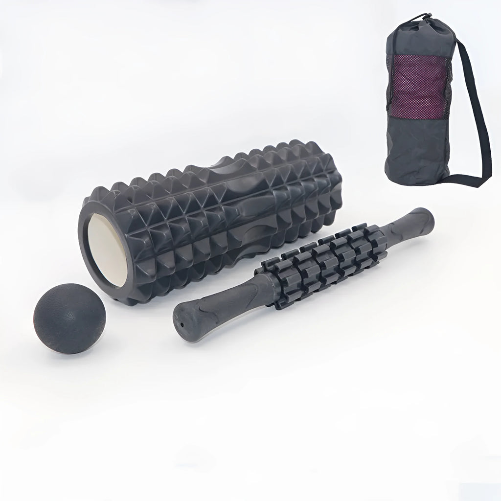 Black fitness foam roller measuring 33cm length with six massage pieces for muscle therapy