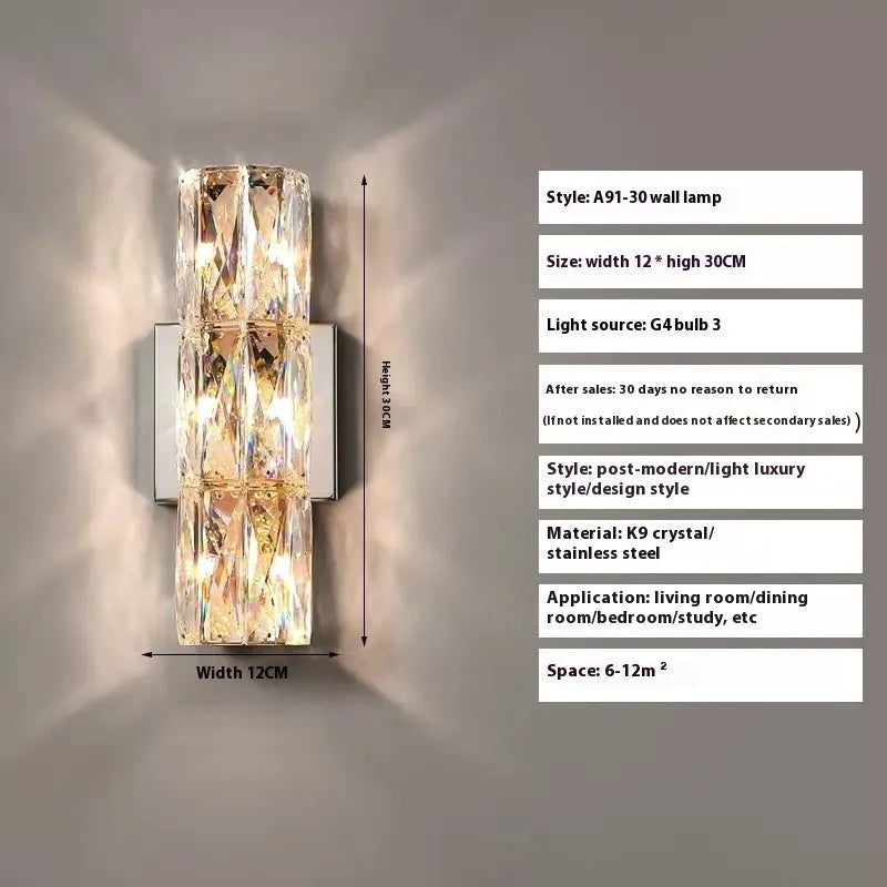 Crystal LED wall lamp with stainless steel frame in chrome finish showing tri-colour lighting